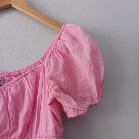 Hollister Pink Puff Sleeve Smocked Waist Tie Front Poplin Mini Dress M - Picture 5 of 8